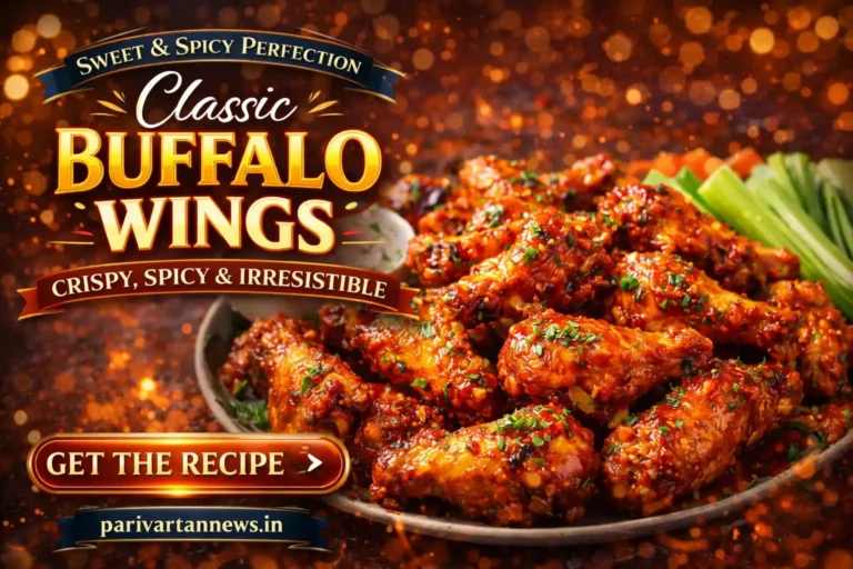 Crispy classic buffalo wings coated in spicy glossy sauce, served hot with celery and dipping sauce, game day appetizer