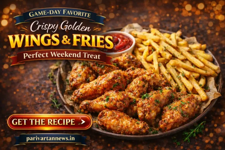 Crispy golden chicken wings and salted fries on plate, crunchy fried texture, weekend comfort food meal