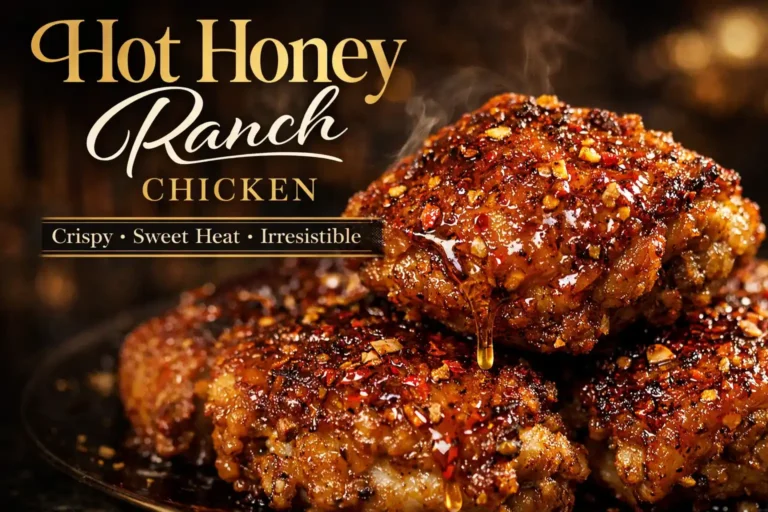 Crispy hot honey ranch chicken thighs with juicy meat and crunchy skin glazed in sweet spicy hot honey sauce, perfect easy dinner recipe.