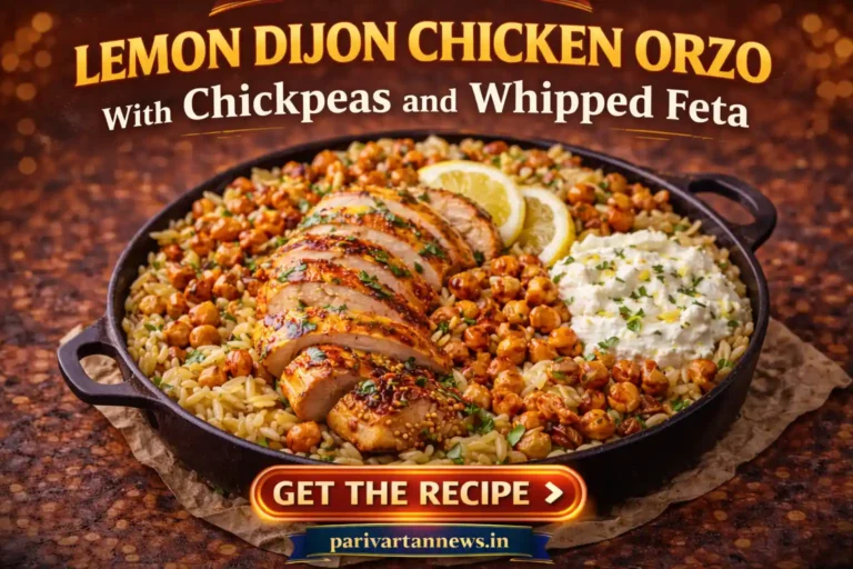 Lemon Dijon chicken orzo with chickpeas and whipped feta in bowl, fresh balanced meal with creamy feta and roasted chickpeas