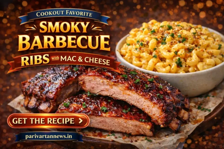 Smoky barbecue ribs with creamy mac and cheese plated together, tender ribs with rich seasoning and smooth cheesy pasta comfort meal