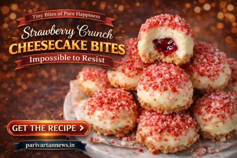 Mini strawberry crunch cheesecake bites with creamy center and crunchy strawberry coating on plate, no bake dessert
